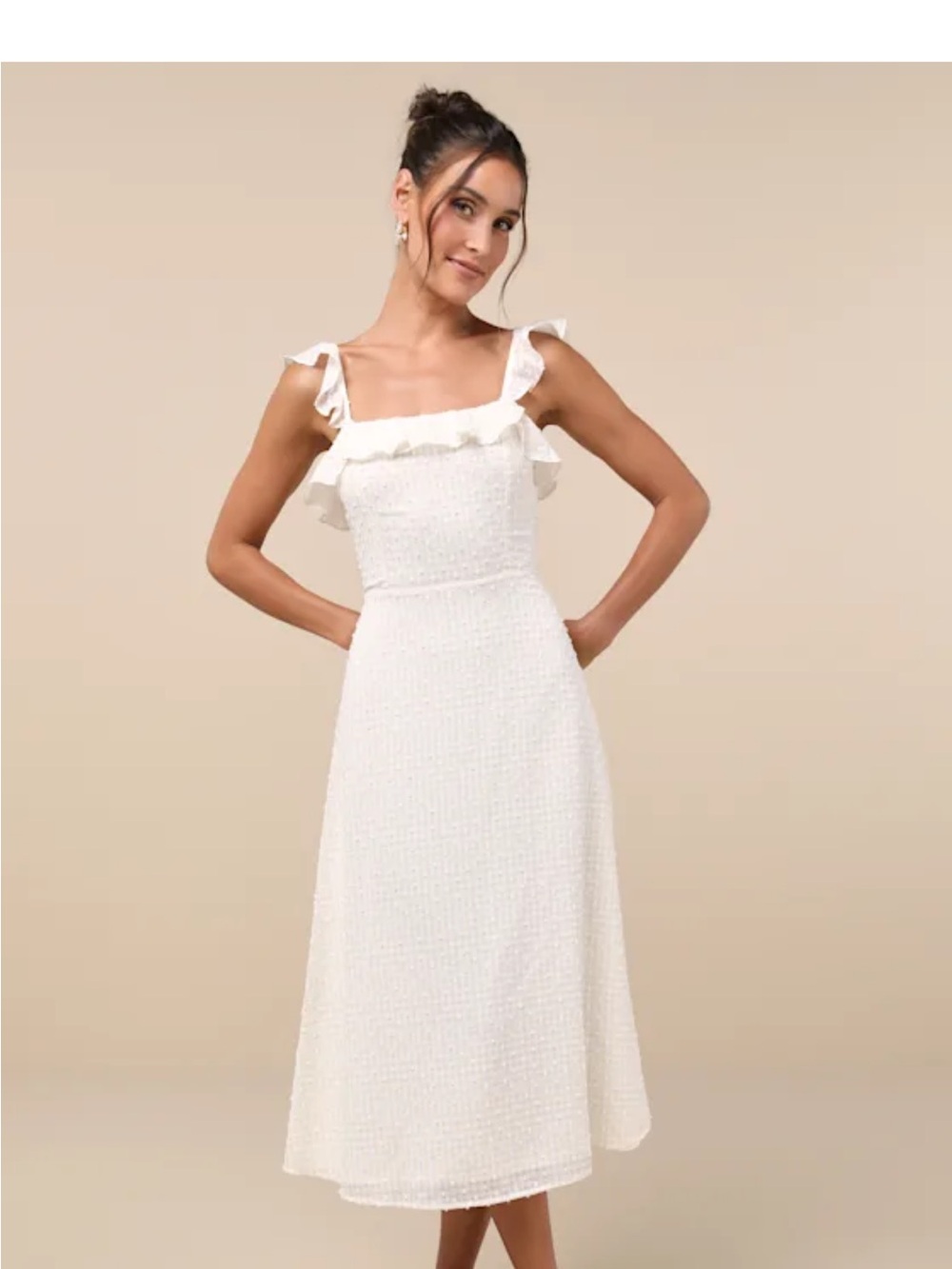 Lulu's Ivory Gingham Ruffle Strap Midi Dress